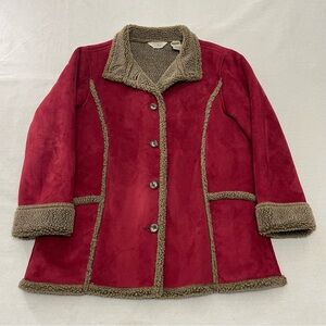 LL Bean Women’s L Petite Faux Suede Sherpa Lined Coat Red Brown Button Long VTG
